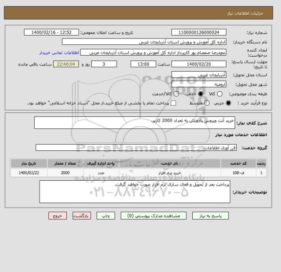 استعلام خرید آنت ویروس پادویش به تعداد 2000 کاربر.