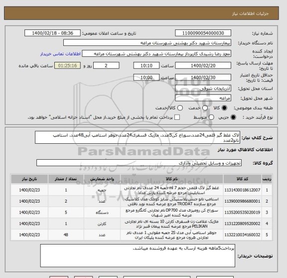 استعلام لاک غلط گیر قلمی24عدد.سوراخ کن5عدد. ماژیک فسفری24عدد.جوهر استامپ آبی48عدد. استامپ نانو2عدد