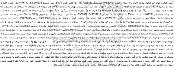 آگهی مزایده ششدانگ یک قطعه مغازه نوع ملک طلق به پلاک ثبتی شماره 204555 فرعی از 4476اصلی