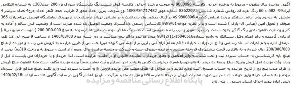 آگهی مزایده ششدانگ یکدستگاه سواری پژو 206 