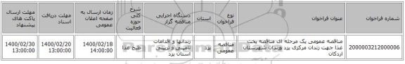 مناقصه عمومی یک مرحله ای مناقصه پخت غذا جهت زندان مرکزی یزد وزندان شهرستان اردکان 