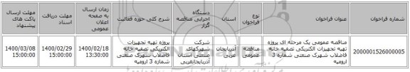 مناقصه عمومی یک مرحله ای پروژه تهیه تجهیزات الکتریکی تصفیه خانه فاضلاب شهرک صنعتی شماره 3 ارومیه 
