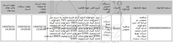 مناقصه عمومی دو مرحله ای خرید تابلو لوازم اندازه گیری فشار ضعیف شرکت توزیع نیروی برق استان سمنان