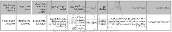مناقصه عمومی دو مرحله ای مناقصه  عمومی دو مرحله ای تهیه، طبخ و توزیع غذای بیمارستان شهید معرفی زاده (شادگان)