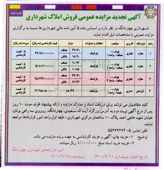 مزایده مزایده تجدید فروش املاک کاربری تجاری و اداری نوبت دوم 