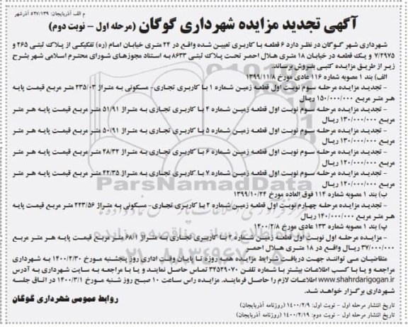 مزایده فروش 6 قطعه با کاربری پلاک ثبتی 265 و 7.2975