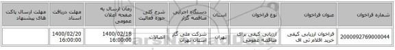 فراخوان ارزیابی کیفی خرید اقلام تی اف