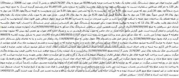 آگهی مزایده ششدانگ یکباب مغازه یک دهنه به مساحت عرصه واعیان83/86 متر مربع به پلاک 2176/287