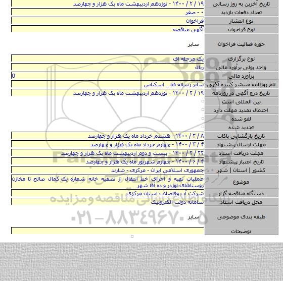 عملیات تهیه و اجرای خط انتقال از تصفیه خانه شماره یک  کمال صالح تا مخازن روستاهای لوزدر و ده آقا شهر