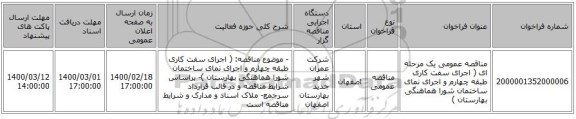 مناقصه عمومی یک مرحله ای ( اجرای سفت کاری طبقه چهارم و اجرای نمای ساختمان شورا هماهنگی بهارستان )