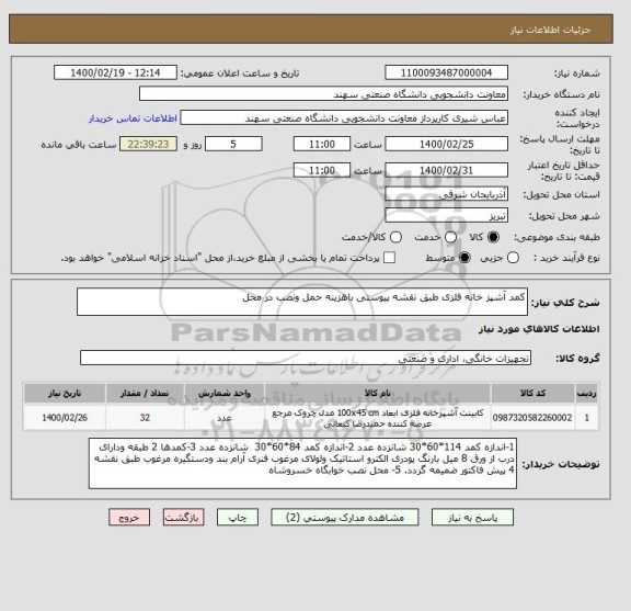 استعلام کمد آشپز خانه فلزی طبق نقشه پیوستی باهزینه حمل ونصب در محل