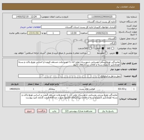 استعلام نمایندگی توزیع پستی روستایی شهرستان علی اباد با خودرو وانت مسقف قیمت بر اساس توزیع پاکت و بسته کوچک(زیر 2کیلو)و بسته و امانات بزرگ(بالای 2کیلو