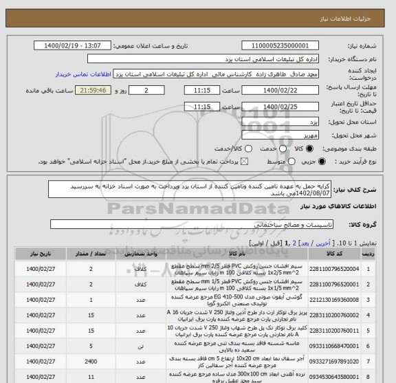 استعلام کرایه حمل به عهده تامین کننده وتامین کننده از استان یزد وپرداخت به صورت اسناد خزانه به سررسید 1402/08/07می باشد