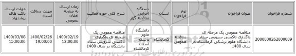 مناقصه عمومی یک مرحله ای واگذاری تاکسی سرویس ستاد دانشگاه علوم پزشکی کرمانشاه در سال 1400