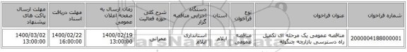 مناقصه عمومی یک مرحله ای تکمیل راه دسترسی بازارچه چنگوله