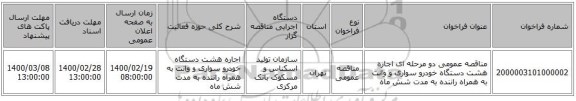 مناقصه عمومی دو مرحله ای اجاره هشت دستگاه خودرو سواری و وانت به همراه راننده به مدت شش ماه