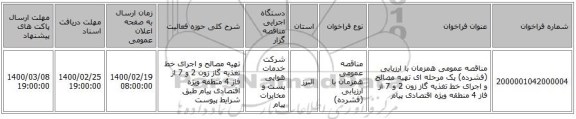 مناقصه عمومی همزمان با ارزیابی (فشرده) یک مرحله ای تهیه مصالح و اجرای خط تغذیه گاز زون 2 و 7 از فاز 4 منطقه ویژه اقتصادی پیام 