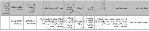 فراخوان ارزیابی کیفی اصلاح شبکه و انشعابات گاز - ابزار دقیق و حفاظت از زنگ نواحی فریمان ، تربت جام ، سرخس و تایباد
