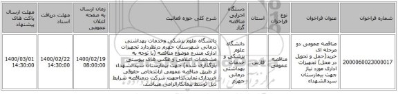 مناقصه عمومی دو مرحله ای خرید(حمل و تحویل در محل) تجهیزات اداری مورد نیاز جهت بیمارستان سیدالشهداء 