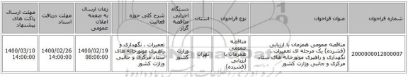 مناقصه عمومی همزمان با ارزیابی (فشرده) یک مرحله ای تعمیرات ، نگهداری و راهبری موتورخانه های ستاد مرکزی و جانبی وزارت کشور