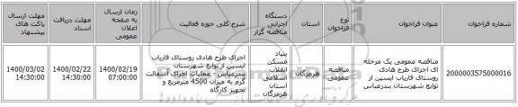 مناقصه عمومی یک مرحله ای اجرای  طرح هادی روستای  فاریاب ایسین  از توابع شهرستان بندرعباس