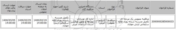 مناقصه عمومی یک مرحله ای تکمیل مدرسه شبانه روزی خانه سازمانی ارتش مهاباد