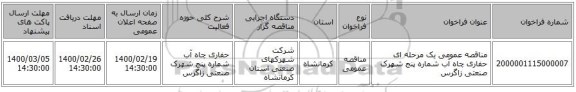 مناقصه عمومی یک مرحله ای حفاری چاه آب شماره پنج شهرک صنعتی زاگرس