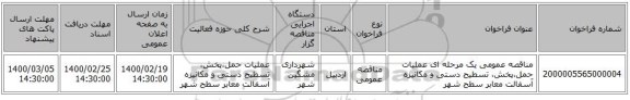 مناقصه عمومی یک مرحله ای عملیات حمل،پخش، تسطیح دستی و مکانیزه آسفالت معابر سطح شهر