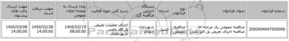 مناقصه عمومی یک مرحله ای مناقصه اجرای تعریض پل ائلر باغی 