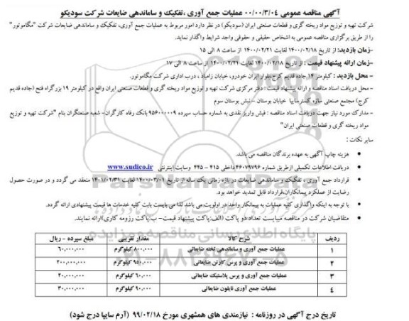 مناقصه امور مربوط به عملیات جمع آوری، تفکیک و ساماندهی ضایعات