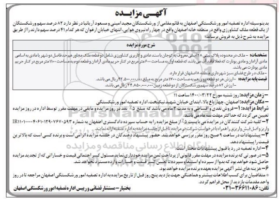 مزایده، مزایده فروش 82 درصد سهم ورشکستگان از یک قطعه ملک  