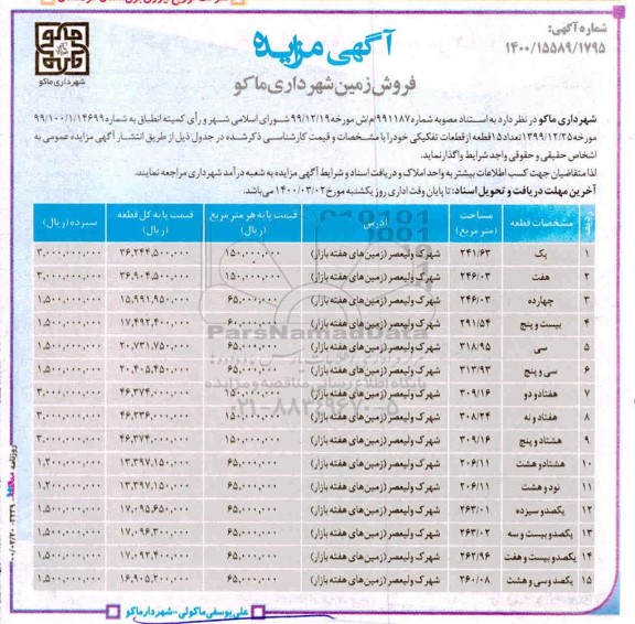 مزایده مزایده فروش 15 قطعه از قطعات تفکیکی 