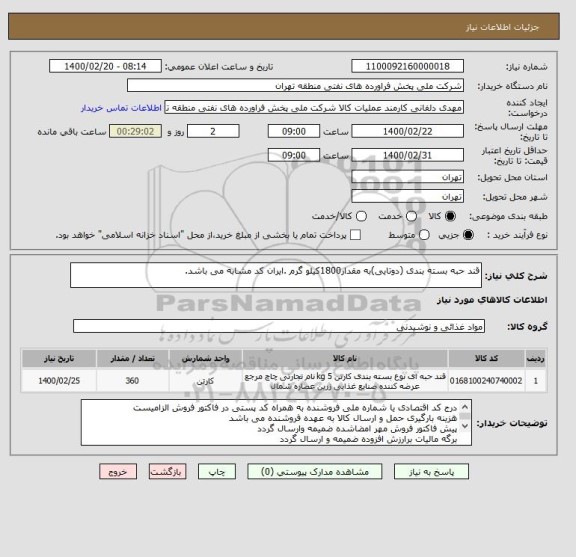 استعلام قند حبه بسته بندی (دوتایی)به مقدار1800کیلو گرم .ایران کد مشابه می باشد.