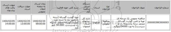 مناقصه عمومی یک مرحله ای تهیه و تامین گوشت گوساله منجمد درجه یک(دوتکه ران و سردست) به وزن 54000کیلوگرم