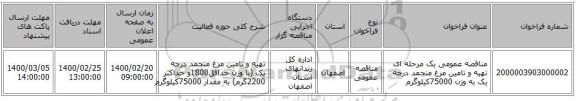 مناقصه عمومی یک مرحله ای تهیه و تامین مرغ  منجمد درجه یک به وزن 75000کیلوگرم
