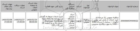 مناقصه عمومی یک مرحله ای خرید خدمات از بخش غیر دولتی (نگهبان – سرایدار ) درسال 1401 – 1400 به صورت واگذاری مدیریتی