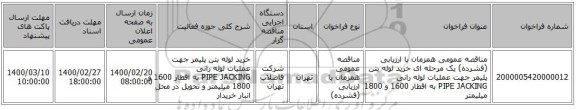 مناقصه عمومی همزمان با ارزیابی (فشرده) یک مرحله ای خرید لوله بتن پلیمر جهت عملیات لوله رانی PIPE JACKING به اقطار 1600 و 1800 میلیمتر 