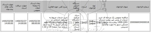 مناقصه عمومی یک مرحله ای خرید خدمات از بخش غیر دولتی درسال 1401-1400  بیمارستان ولیعصر (عج ) مشگین شهر به صورت واگذاری مدیریتی 