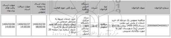 مناقصه عمومی یک مرحله ای خرید خدمات از بخش غیر دولتی درسال1401-1400  بیمارستان امام خمینی (ره) شهرستان کوثر به صورت واگذاری مدیریتی 