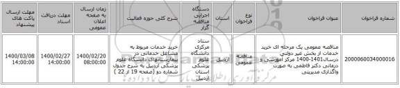 مناقصه عمومی یک مرحله ای خرید خدمات از بخش غیر دولتی درسال1401-1400  مرکز آموزشی و درمانی دکتر فاطمی به صورت واگذاری مدیریتی  