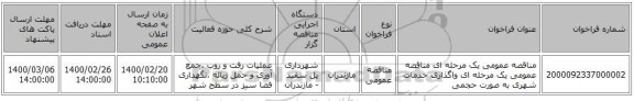 مناقصه عمومی یک مرحله ای مناقصه عمومی یک مرحله ای واگذاری خدمات شهری به صورت حجمی
