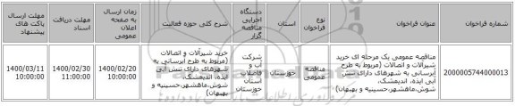 مناقصه عمومی یک مرحله ای خرید شیرآلات و اتصالات (مربوط به طرح آبرسانی به شهرهای دارای تنش آبی ایذه، اندیمشک، شوش،ماهشهر،حسینیه و بهبهان) 