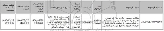 مناقصه عمومی یک مرحله ای خرید و نصب و راه اندازی و آموزش یک دستگاه جرثقیل سقفی با ظرفیت 2 تن و شش حرکته   ( مربوط به طرح آبرسانی آبادان)