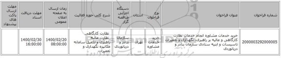 خرید خدمات مشاوره انجام خدمات نظارت کارگاهی و عالیه بر راهبری، نگهداری و تعمیرات تاسیسات و ابنیه ستادی سازمان بنادر و دریانوردی