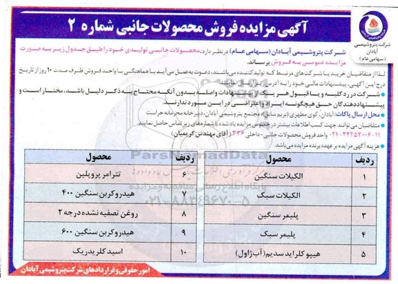 مزایده فروش محصولات جانبی تولیدی ... شماره 2
