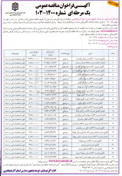 مناقصه تکمیل مدرسه و احداث اسکلت مدرسه و...نوبت دوم 