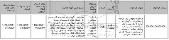 مناقصه عمومی یک مرحله ای راهبری ، نگهداری و آماده به کار نمودن کل شبکه های تاسیسات شامل حرارتی ، برودتی  ، آب رسانی و شبکه گاز  در ساختمانهای اداری و 