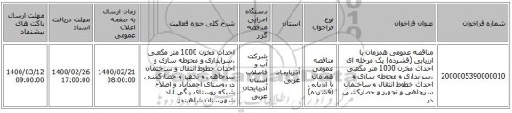 مناقصه عمومی همزمان با ارزیابی (فشرده) یک مرحله ای  احداث مخزن 1000 متر مکعبی ،سرایداری و محوطه سازی و احداث خطوط انتقال و ساختمان سرچاهی و تجهیز و حصارکشی در