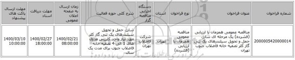مناقصه عمومی همزمان با ارزیابی (فشرده) یک مرحله ای شارژ، حمل و تحویل سیلندرهای یک تنی گاز کلر تصفیه خانه فاضلاب جنوب تهران
