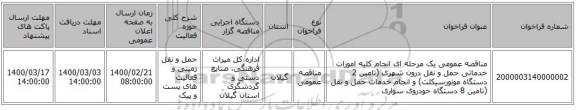 مناقصه عمومی یک مرحله ای انجام کلیه امورات خدماتی حمل و نقل درون شهری (تامین 2 دستگاه موتورسیکلت) و انجام خدمات حمل و نقل (تامین 8 دستگاه خودروی سواری